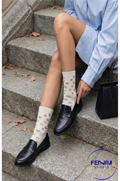 FENRA STUDIO Γυναικείες κάλτσες πετσετέ με λεοπάρ σχέδιο, κρεμ βαμβακερές, μα...