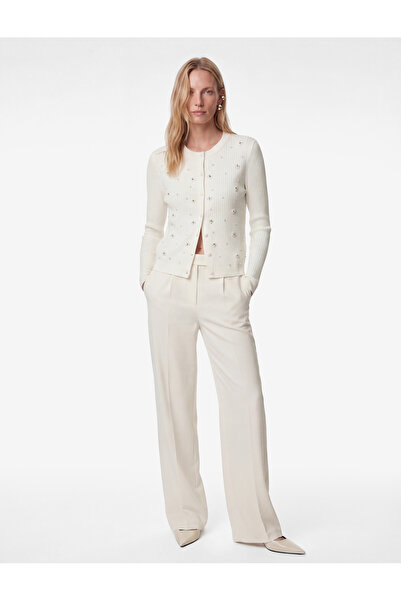 Koton Uzun Kollu Bisiklet Yaka Çiçekli İnci ve Taş Detaylı Triko Hırka