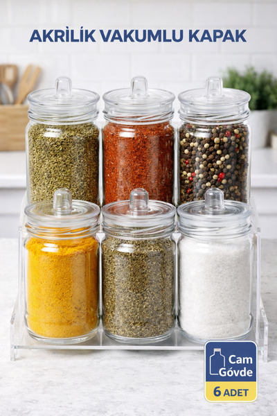 Serin Bardak 6 Adet Kulplu Ve Vakum Kapaklı Cam Baharat Takımı