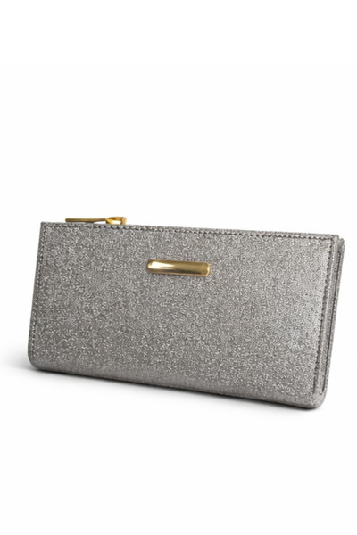 NEWISH POLO ACCESSORIES محفظة نسائية فاخرة باللون الرمادي اللامع مع سحاب لحمل...