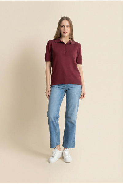 Shophia Γυναικείο πλεκτό μπλουζάκι με κοντό μανίκι με λαιμόκοψη πόλο