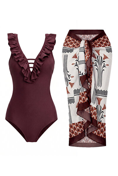 CUPSEA Αποτελεσματικά διακριτικά διακοσμημένο μπορντό μαγιό με βολάν στο μπρο...