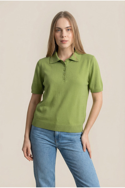 Shophia Γυναικείο πλεκτό μπλουζάκι με κοντό μανίκι με λαιμόκοψη πόλο