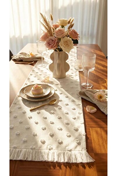 homease Runner decorativ texturat cu pompon, ecru |   40x140 |   Runner din p...