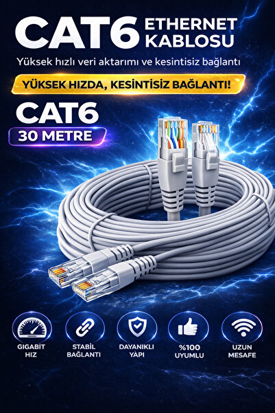AŞIK STORE CAT6 Ethernet Kablosu 30m Gigabit LAN Kablosu Yüksek Hızlı İnterne...