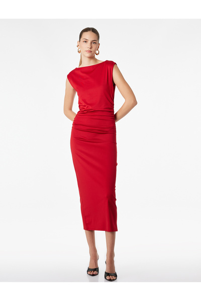 Koton Crew Neck Sleeveless Draped Detailed Midi Length Pencil Dress