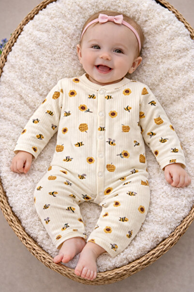 Nayinom Unisex Arı Patterned Ribbed Long Sleeve Baby Jumpsuit