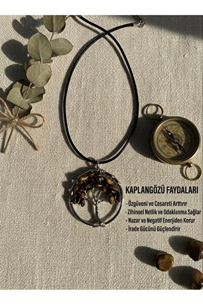 Meneva Aksesuar Kaplan Gözü Doğal Taş Hayat Ağacı Deri İpli Kolye