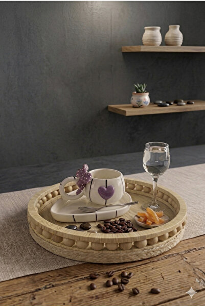 Ahşap Evi Hasır Ahşap Dekoratif Sepet Mutfak Sunumluk Tepsi Çap 27 cm