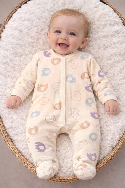 Nayinom Unisex Pastel Figure Patterned Ribbed Baby Jumpsuit with Booties