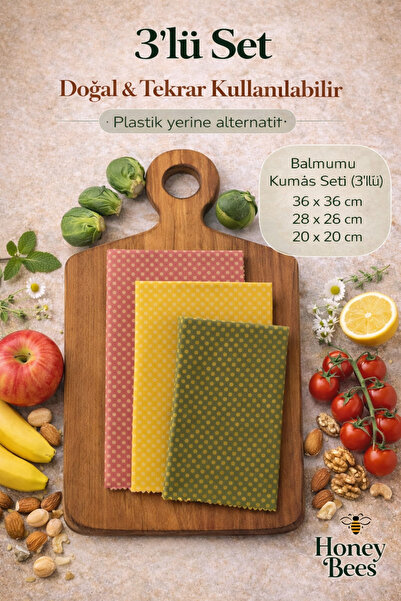 Home Tekrar Kullanılabilen Doğal Balmumlu Gıda Saklama Kumaş Bez Seti 3’lü