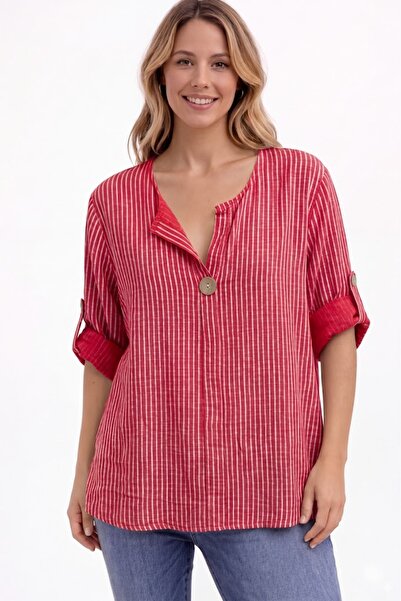 AYASOFYA OTANTIK Γυναικεία ιταλική κόκκινη ριγέ μπλούζα με μανίκια 3/4 oversi...