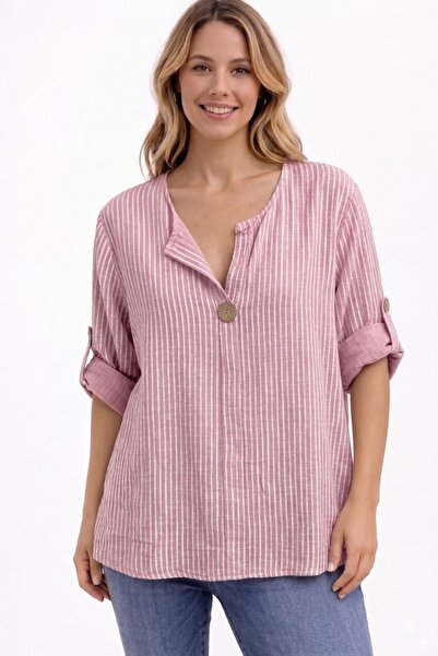 AYASOFYA OTANTIK Γυναικεία Ιταλική Πούδρα Ριγέ 3/4 μανίκια Χαλαρή 100% Βαμβάκ...