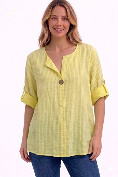 AYASOFYA OTANTIK Γυναικεία ιταλική κίτρινη ριγέ μπλούζα με μανίκια 3/4 oversi...