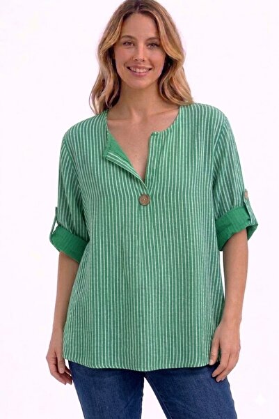 AYASOFYA OTANTIK Γυναικεία Ιταλική Πράσινη Ριγέ 3/4 μανίκια Χαλαρή 100% Βαμβά...