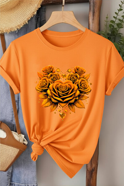 l'eivor Gül Renk Uyumlu Baskılı Kadın Pamuk T-shirt