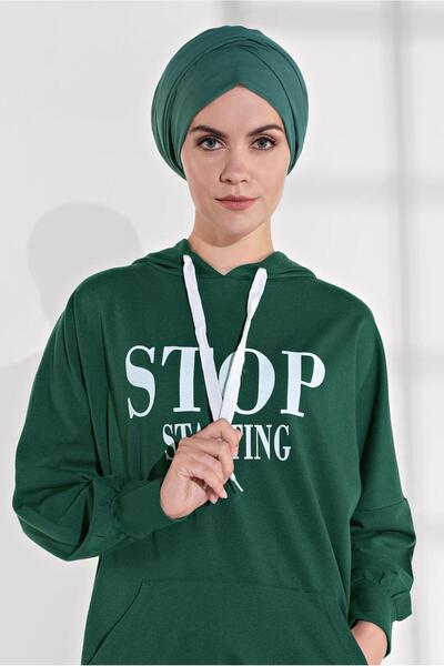 TRENDTESETTÜR KADIN YEŞİL YAZI BASKILI CEPLİ EŞOFMAN TUNİK 6102