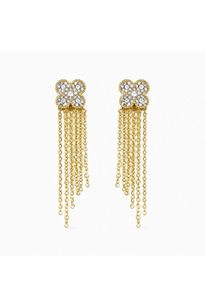 LEROSY CO. Zirkon Taşlı Yonca Sallantılı Küpe Paslanmaz Çelik Gold