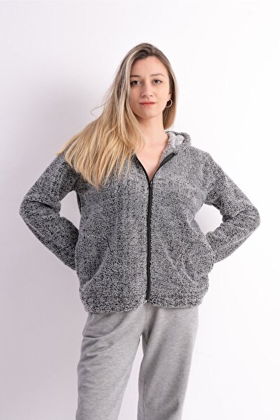 Sweet's Collection Kapüşonlu Polar Welsoft Peluş Gri Kırçıllı Ceket
