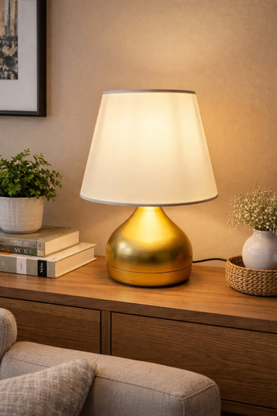 Taşcan Aydınlatma Alara Gold Ayaklı Abajur Masa Lambası Krem Şapka Salon Yata...