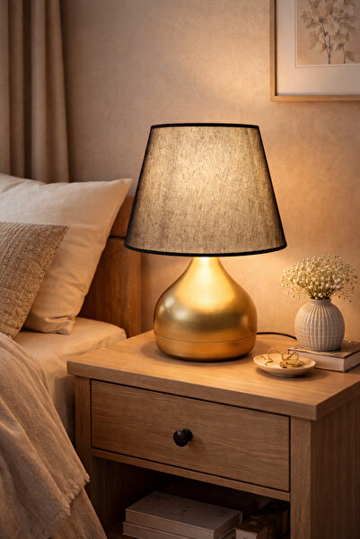 Taşcan Aydınlatma Alara Gold Ayaklı Abajur Masa Lambası Siyah Şapka Salon Yat...