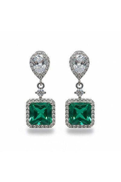 Pursehuit Cercei de culoare argintie cu pietre de zirconiu verde, Dahlia C16