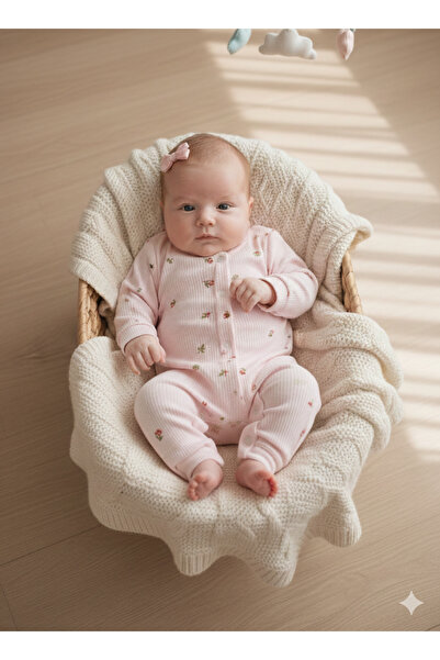 Nayinom %100 Pamuk Yumuşak Dokulu Fitilli Kumaş Lale Desenli Kız Bebek Tulum