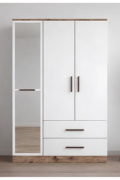 Noiss ZİTAA 3 KAPAKLI GARDIROP - ANTIK CAM & MAT BEYAZ - ÇEKMECELİ RAFLI AYNALI