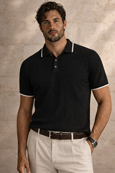 Valiberta Balzac Collar Striped Buttoned Polo Collar Basic Daily Honeycomb Kn...