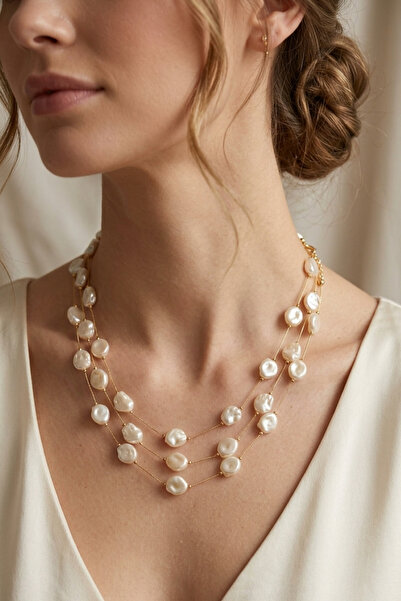 TRAPEZOIDAL PEARL 3 ROW  NECKLACE