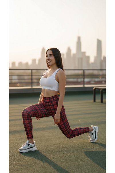 FORE SPORT Colanți sport pentru femei, cu model în carouri, cu talie înaltă, pentru yoga, pilates și fitness