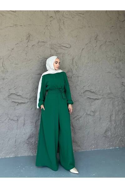 She Olive Kuşaklı Tesettür Tulum -yeşil