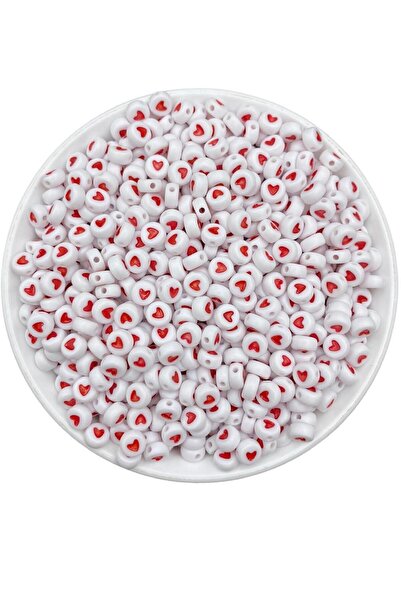 Hedef Bijuteri 25gr mărgele plate, albe, cu inimă roșie, mărgele plate de 4x7...