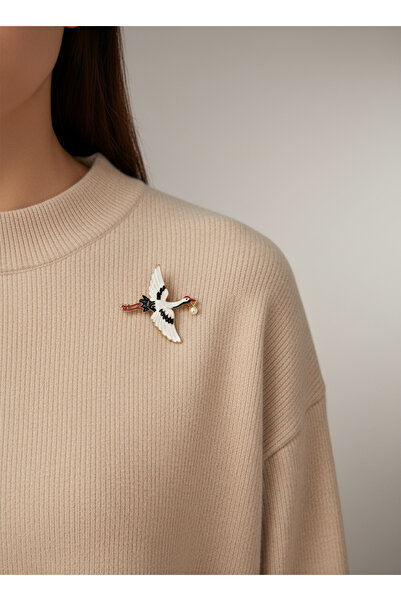 MODAMİRA AKSESUAR Leylek Figürlü Sallanan İnci Detaylı Broş