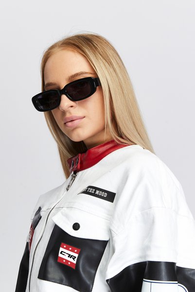 Black Level Women Oversize Denim Jacket Sleeves Leather Garnished Zippered Biker Coat Printed Racer College Jacket
