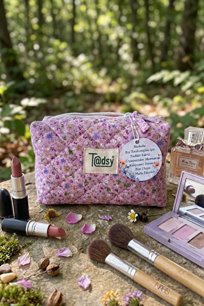 Tadsy Crisp Floral Pink 100% Cotton Makeup and Cosmetic Bag |   22X12X10 cm |...