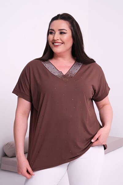 Esina Γυναικεία μπλούζα από βισκόζη με λαιμόκοψη V και λεπτομέρεια από πέτρες...