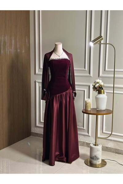 vanus fashion 6718-فستان مخملي احمر بشال