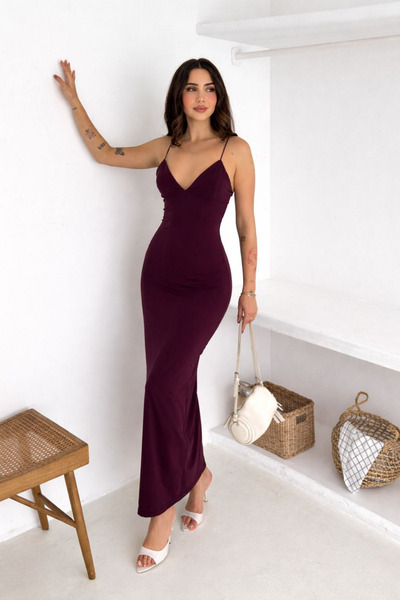 mielva Γυναικείο φόρεμα μάξι με λουράκι από σχοινί με λαιμόκοψη σε σχήμα V