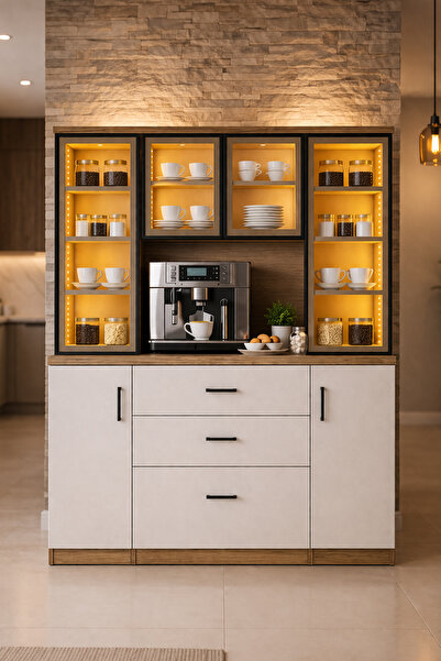 Setay Vitrinli Ünite, Adrea Kahve Köşesi + Çok Amaçlı Raflı Iki Kapaklı Dolap