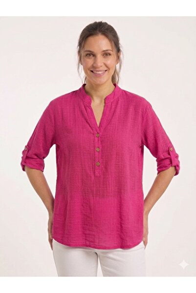 della moor Women's Fuchsia Italian Buttoned High Collar Folded Short Sleeve B...