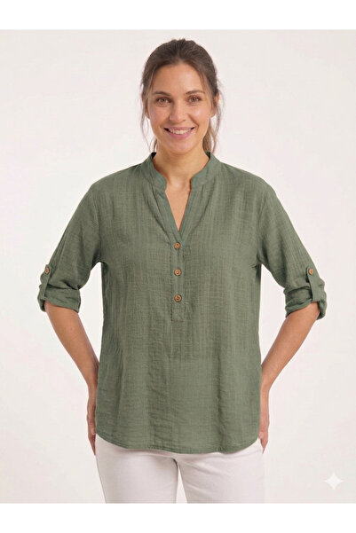 della moor Women's Khaki Italian Buttoned Judge Collar Folded Short Sleeve Bl...