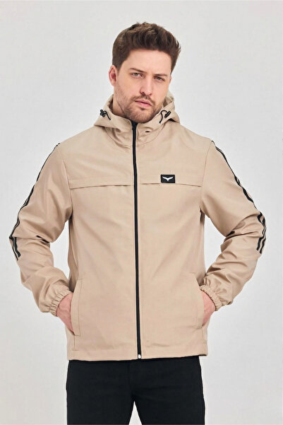 LEVEL HİGH Men's Sports Raincoat Beige – Hooded, Black Stripe Detail, Lightwe...