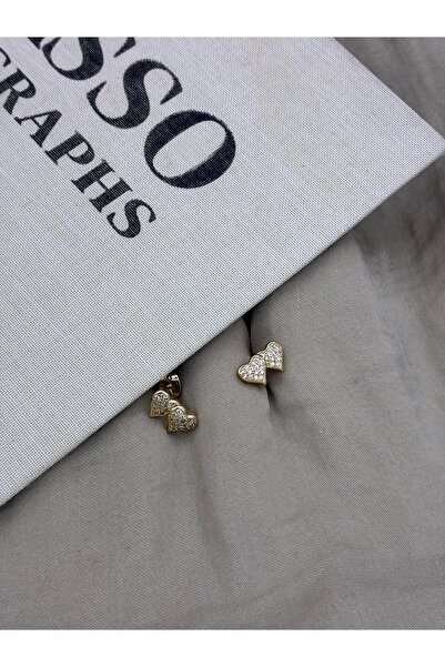Hedef Bijuteri Gold Color Zircon Stone Twin Heart Detailed Stud Earrings Cm201