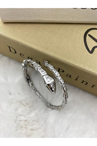 Hedef Bijuteri Silver Color Snake Model Design Handcuff Bracelet