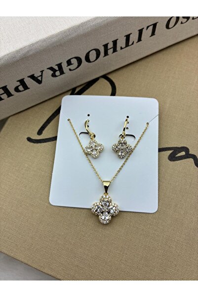 Hedef Bijuteri 14K Gold Renk Zirkon Taşlı Dört Yapraklı Çiçek Model Kolye Küp...