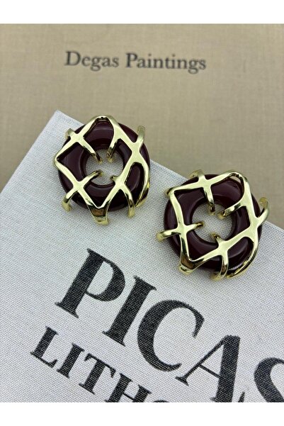 Hedef Bijuteri Burgundy Color with Gold Detail Round Macaron Model Bone Resin...