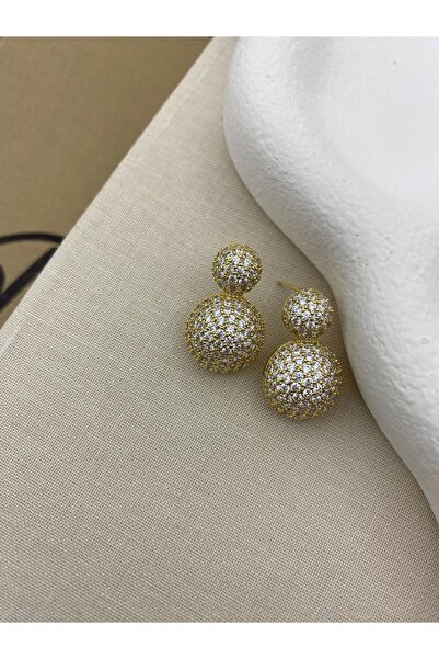 Hedef Bijuteri Gold Color Dangle Earrings with Big Balls and Zircon Stones