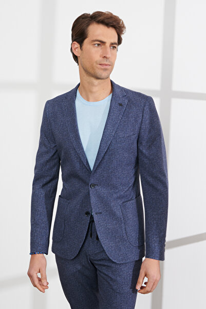 ALTINYILDIZ CLASSICS Men's Navy Blue-white Slim Fit Slim Fit Mono Collar Patt...
