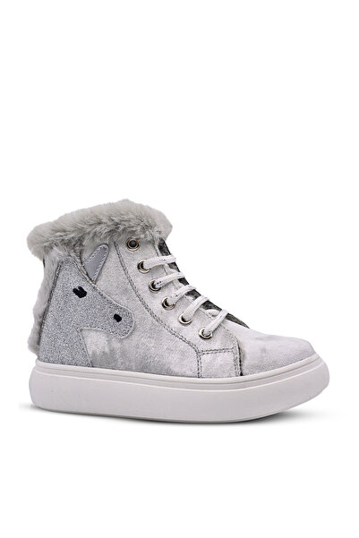 kids A more حذاء طفلة من Heira بتصميم وحيد القرن من الفرو الفخم باللون الفضي